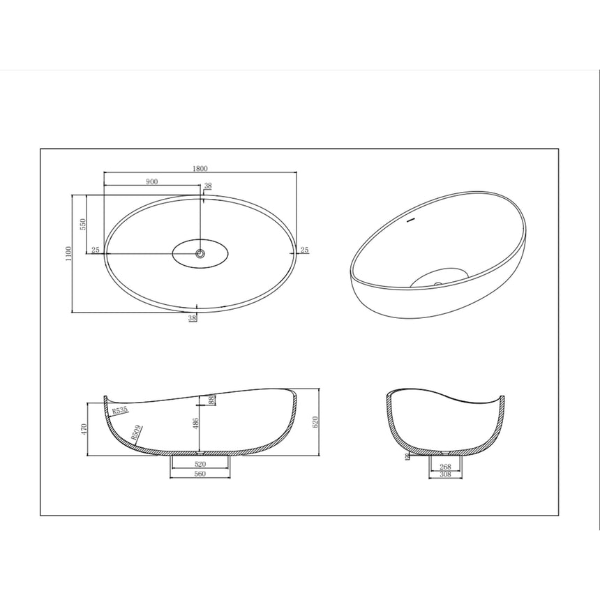 Technical dimensions diagram for Waverton 1800mm Lukka solid surface bath showing overflow placement and specifications by Tilemall