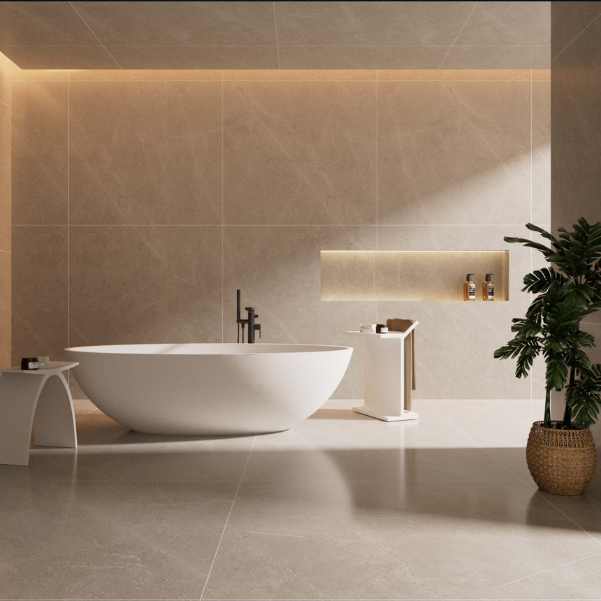 Lukka Solid Surface Bath 1760x1030x550mm matte white freestanding oval bathtub installed in bathroom interior by Tilemall
