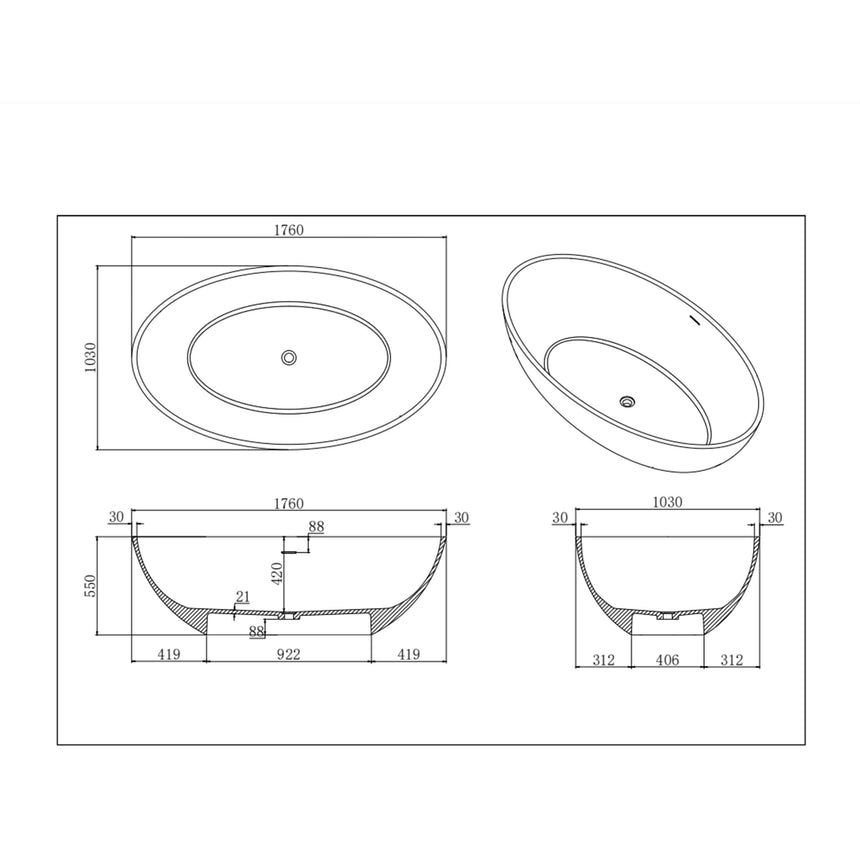 Lukka Solid Surface Bath technical dimensions diagram for Kirra 1760mm freestanding stone bath with overflow specifications by Tilemall