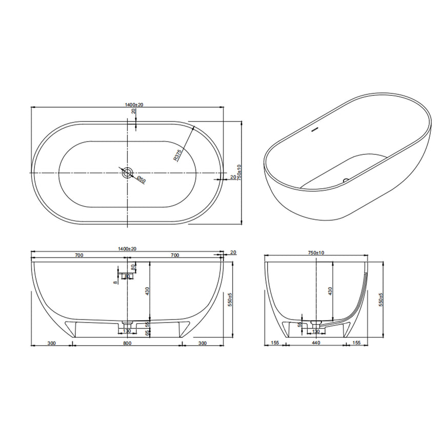 Lukka Solid Surface Bath technical dimensions diagram for Kirra 1400mm solid surface bathtub by Tilemall