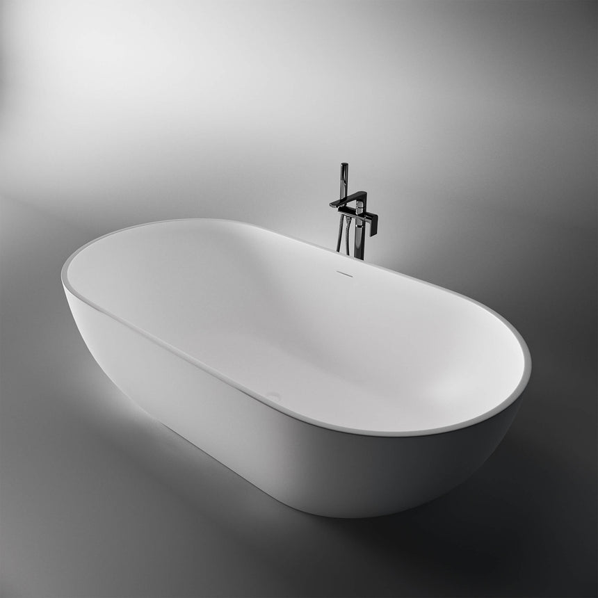 Lukka Solid Surface Bath 1500x750mm kirra freestanding bathtub side view showing matte white finish and curved profile by Tilemall