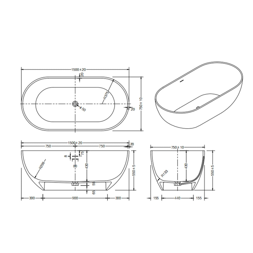 Lukka Solid Surface Bath technical dimensions diagram for Kirra 1500mm freestanding bathtub with measurements by Tilemall