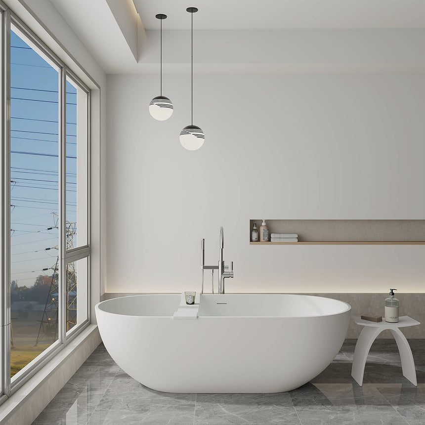 Lukka Solid Surface Bath 1700x800mm kirra matte white freestanding oval bathtub in ensuite with pendant lighting by Tilemall