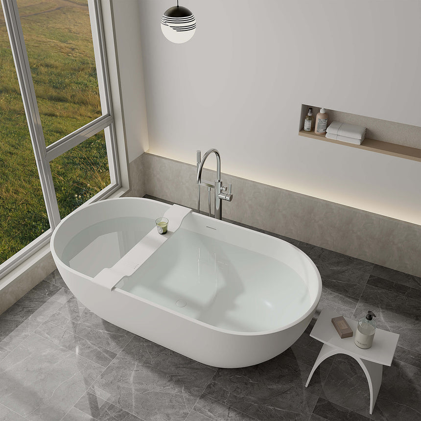 Lukka Solid Surface Bath 1700x800mm kirra solid surface bathtub in bathroom interior with window view and shelf storage by Tilemall