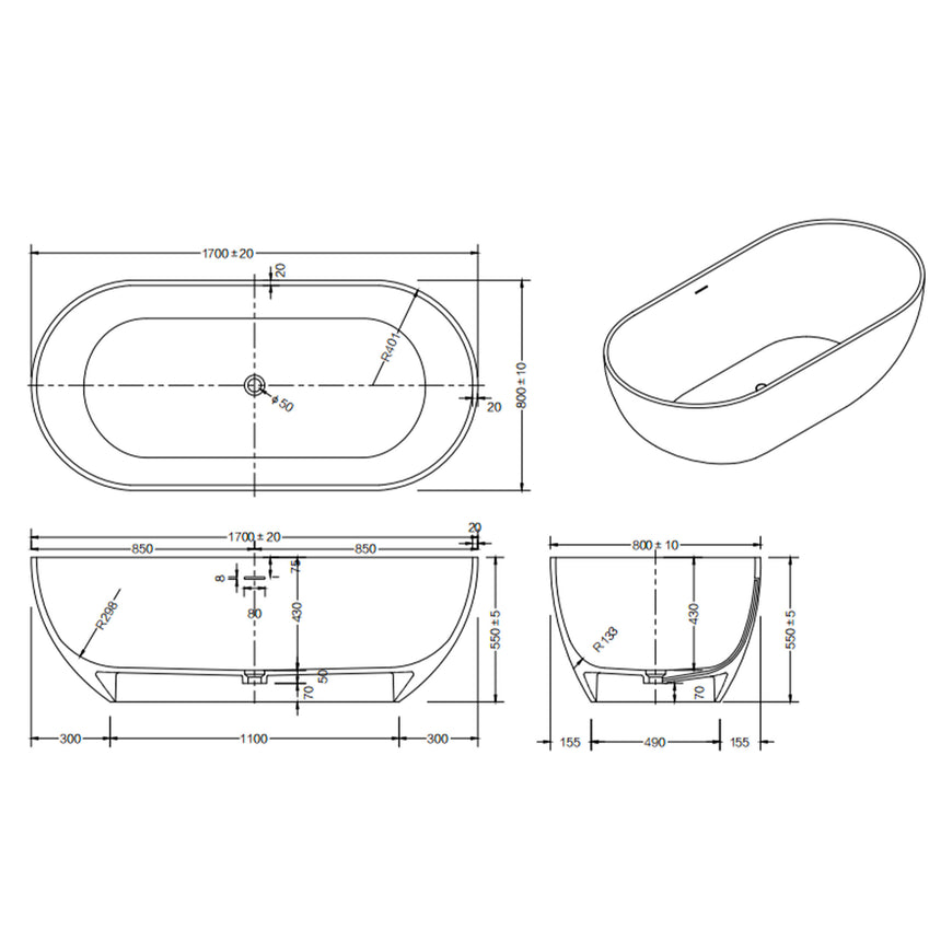 Lukka Solid Surface Bath technical dimensions diagram for Kirra 1700mm solid surface bathtub by Tilemall