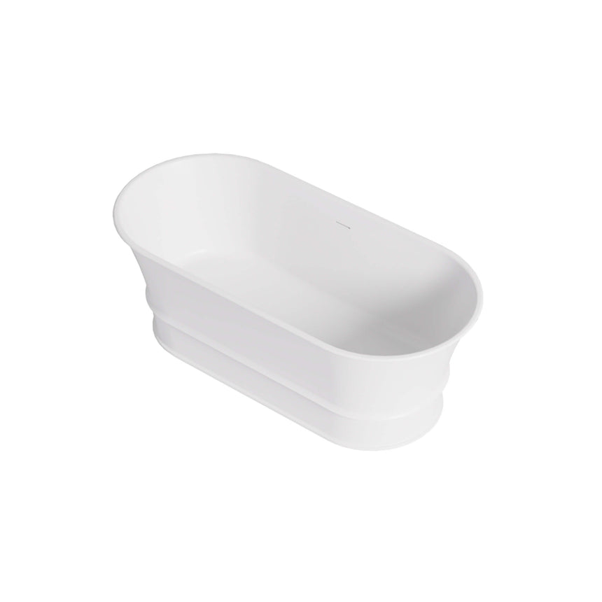 Lukka 1500x700mm harold LK solid surface freestanding bath, matte white finish, oval shape, side angled view by Tilemall