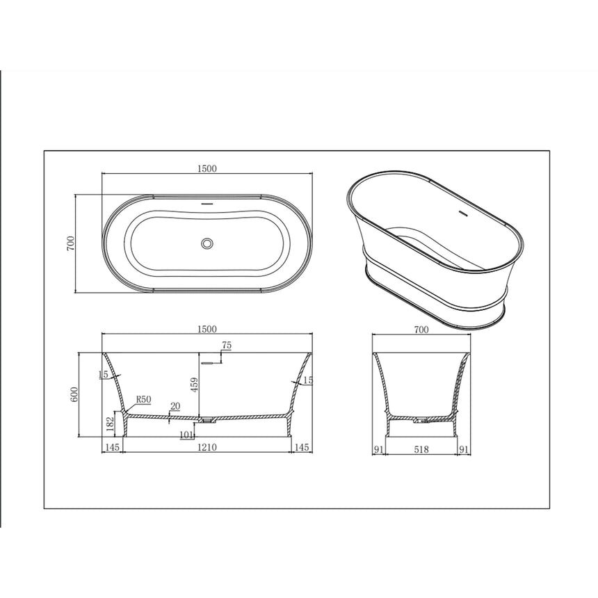 Technical dimensions diagram for Harold 1500mm freestanding bathtub, 700mm depth, showing plan and side elevations by Tilemall
