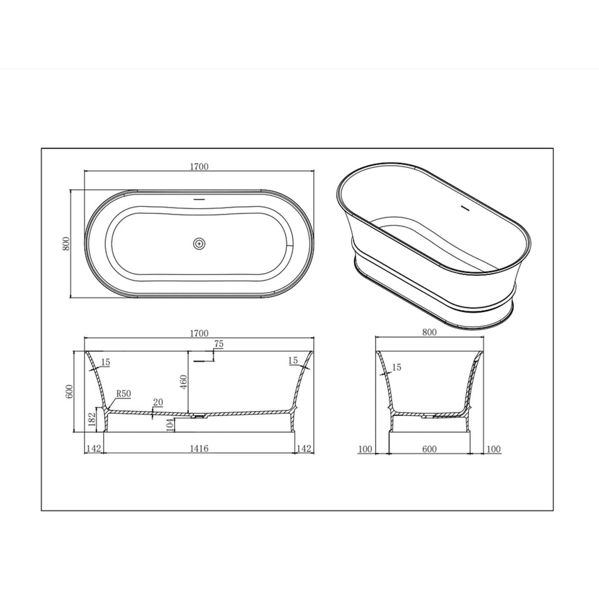 Lukka Solid Surface Bath technical dimensions diagram for Harold 1700mm freestanding bathtub by Tilemall