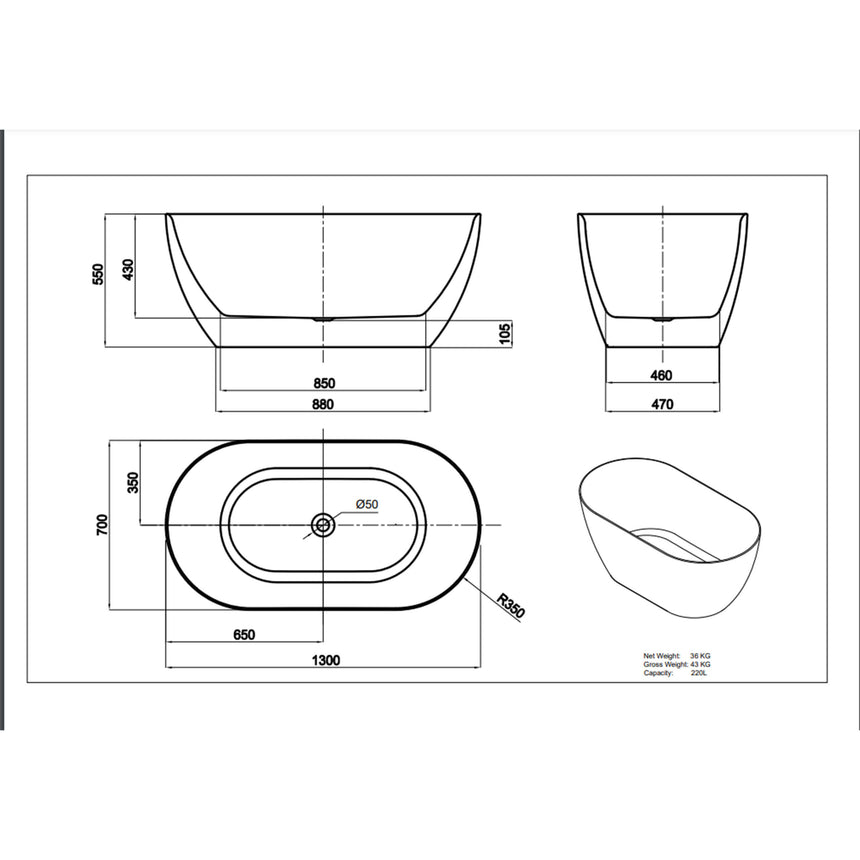Lukka Freestanding bath technical dimensions diagram for Ellips Slim 1300mm freestanding bathtub with specifications by Tilemall