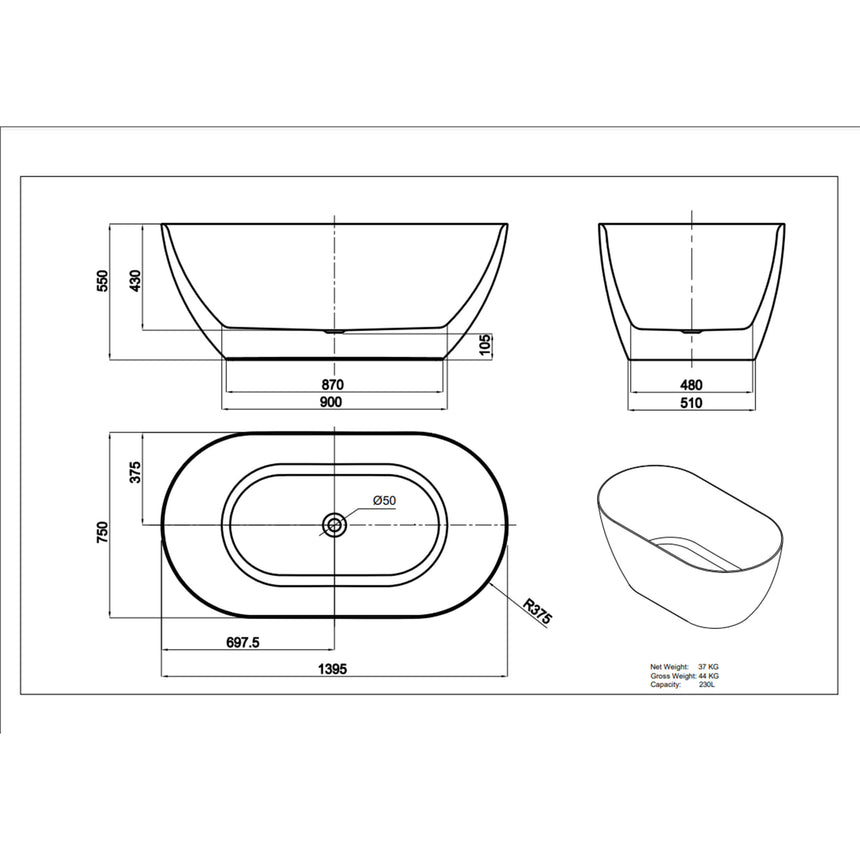 Lukka Freestanding bath technical dimensions diagram for Ellips Slim 1400mm freestanding bathtub by Tilemall