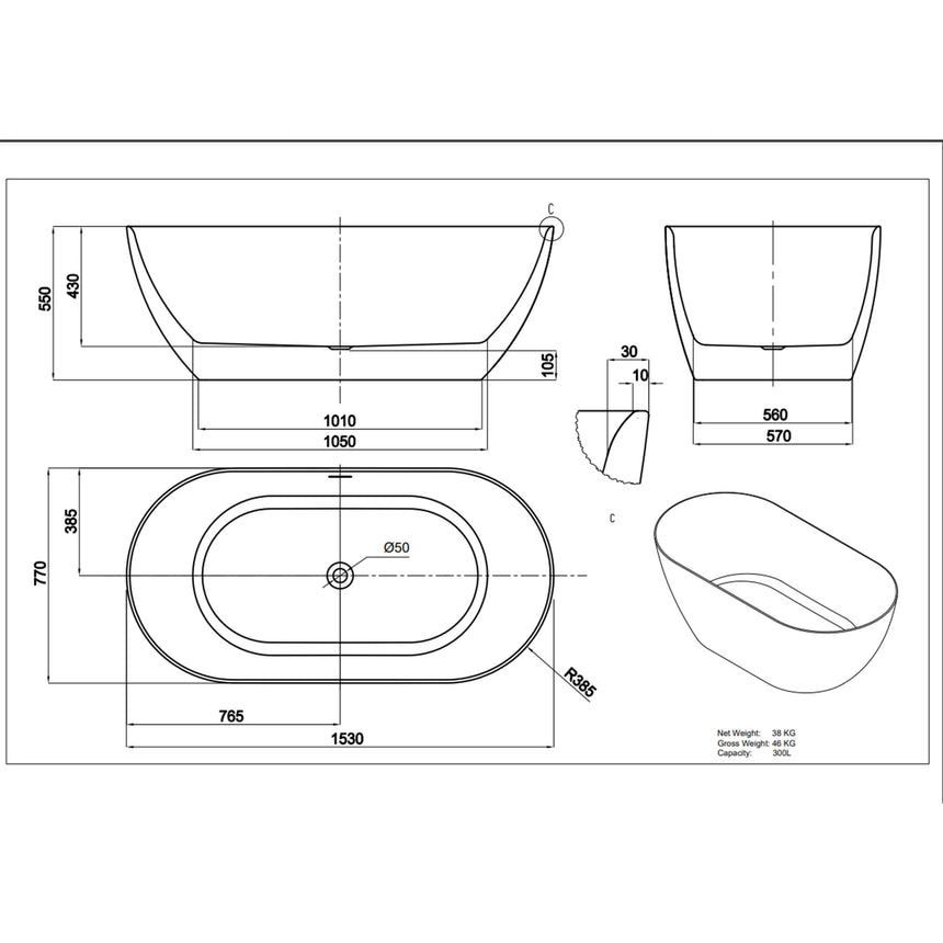 Lukka Freestanding bath technical dimensions diagram for Ellips Slim 1530mm freestanding bathtub showing 1050mm width by Tilemall