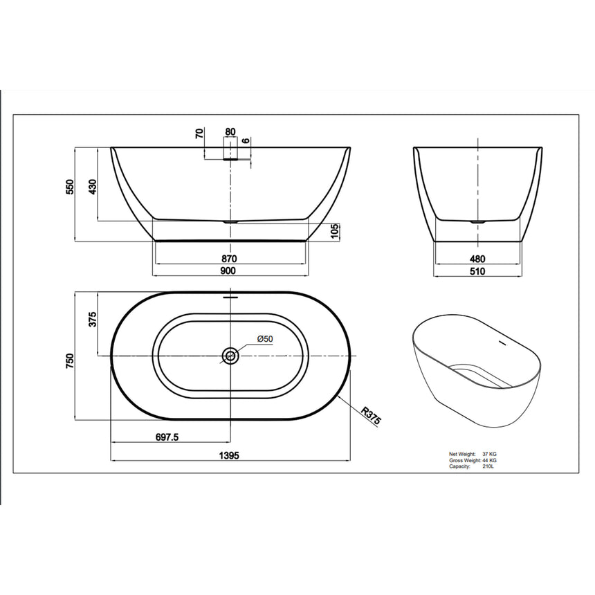 Lukka Freestanding bath technical dimensions diagram for Ellips Slim 1400mm freestanding bathtub with overflow specifications by Tilemall