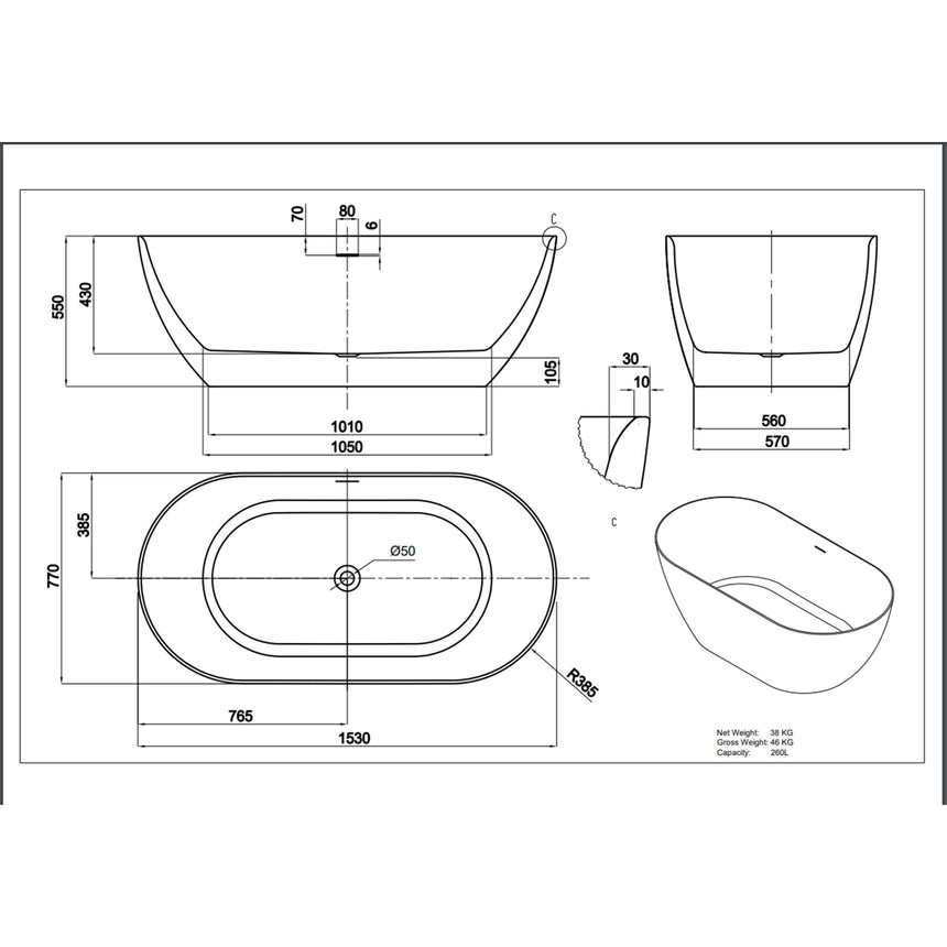 Technical dimensions diagram for Ellips Slim 1530mm freestanding bathtub with capacity and specifications by Tilemall