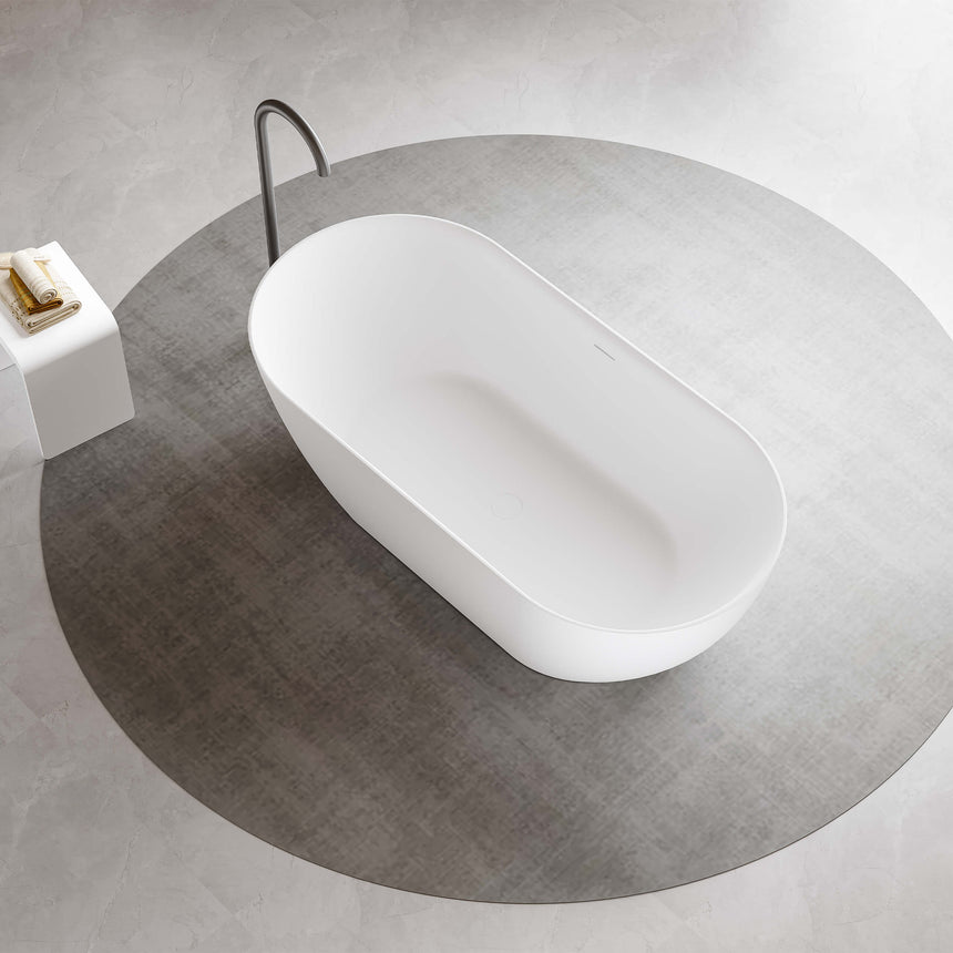 Lukka ellips Slim 1700mm freestanding acrylic bath by Tilemall, gloss white, overhead view with overflow