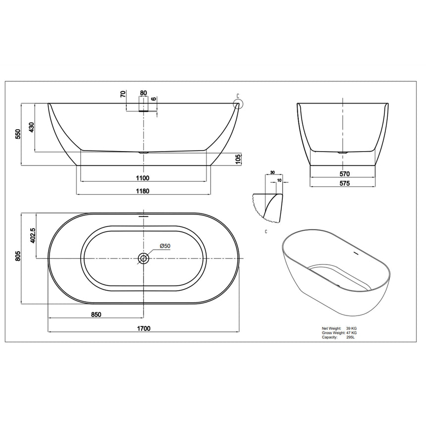 Lukka Freestanding bath technical dimensions diagram for Ellips Slim 1700mm freestanding acrylic bathtub by Tilemall
