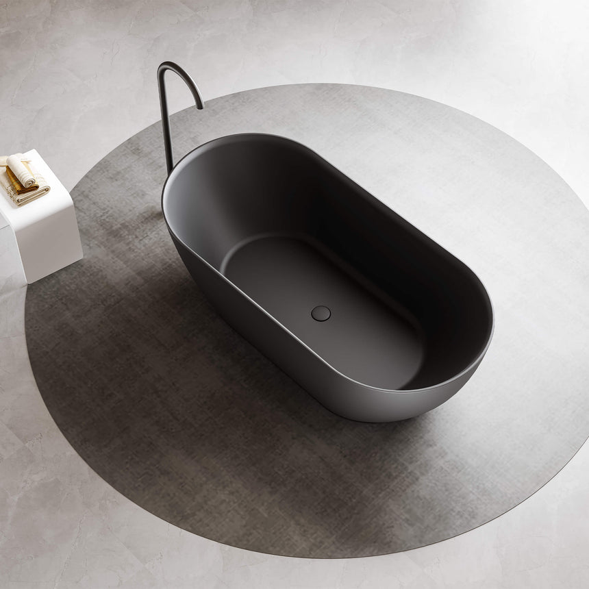 Ellips Slim freestanding acrylic bathtub by Tilemall in matt black, 1700mm, overhead view showing interior and overflow