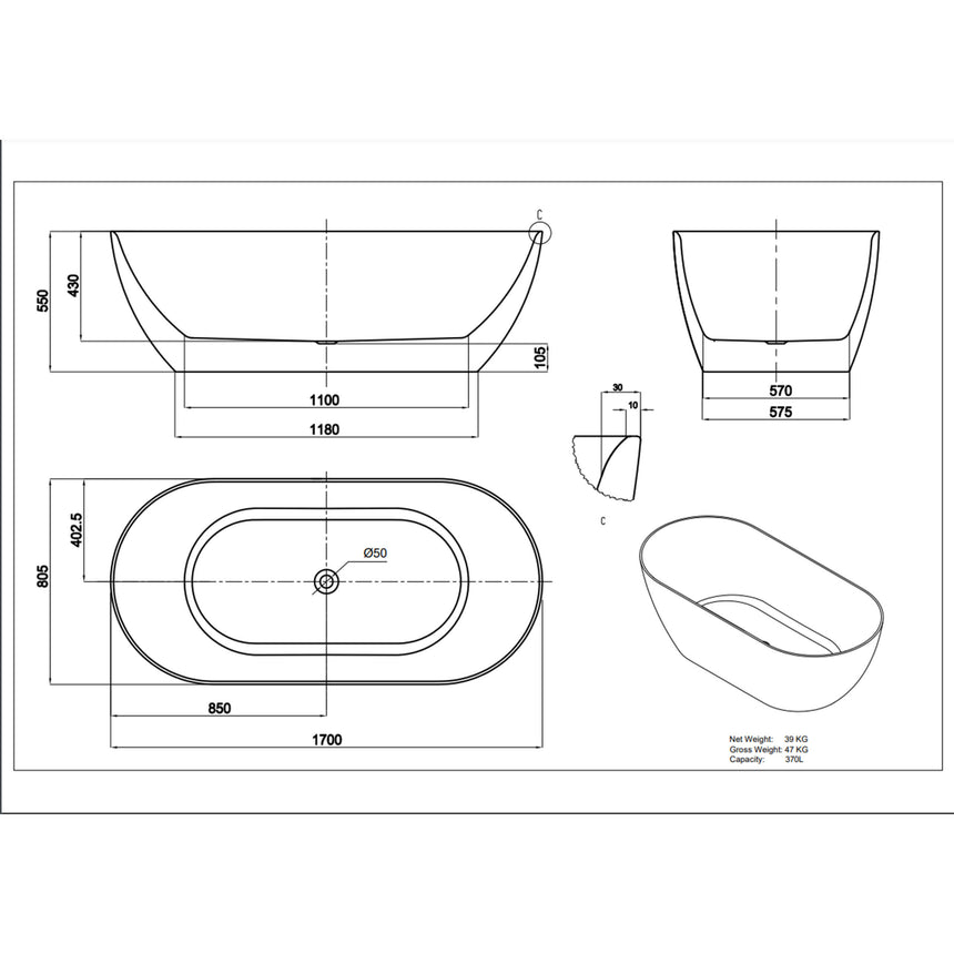 Lukka Freestanding bath technical dimensions diagram for Ellips Slim 1700mm freestanding bathtub with capacity 370L by Tilemall