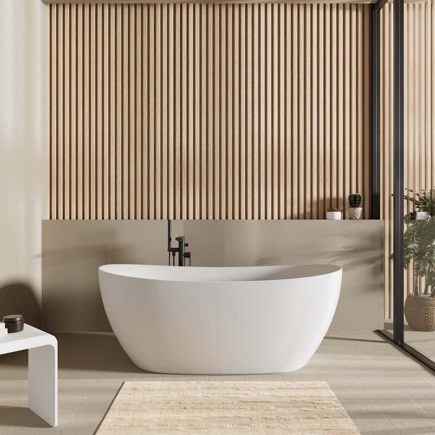 Valla 1600x750mm freestanding acrylic bathtub by Tilemall installed in modern bathroom interior with gloss white finish