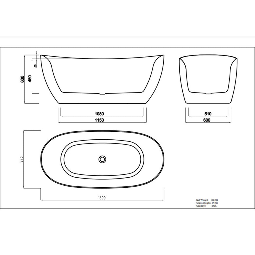 Lukka Freestanding bath technical dimensions diagram for Valla 1600mm freestanding acrylic bathtub by Tilemall