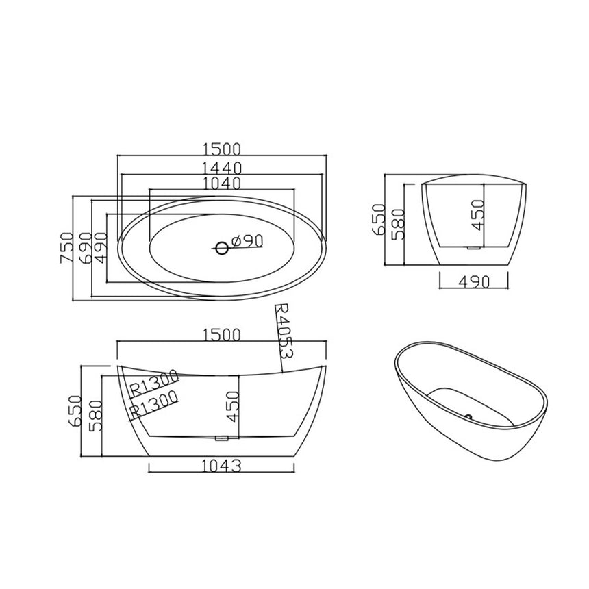 Lukka Freestanding bath technical dimensions diagram for Valla 1500mm freestanding bathtub with multiple viewing angles by Tilemall