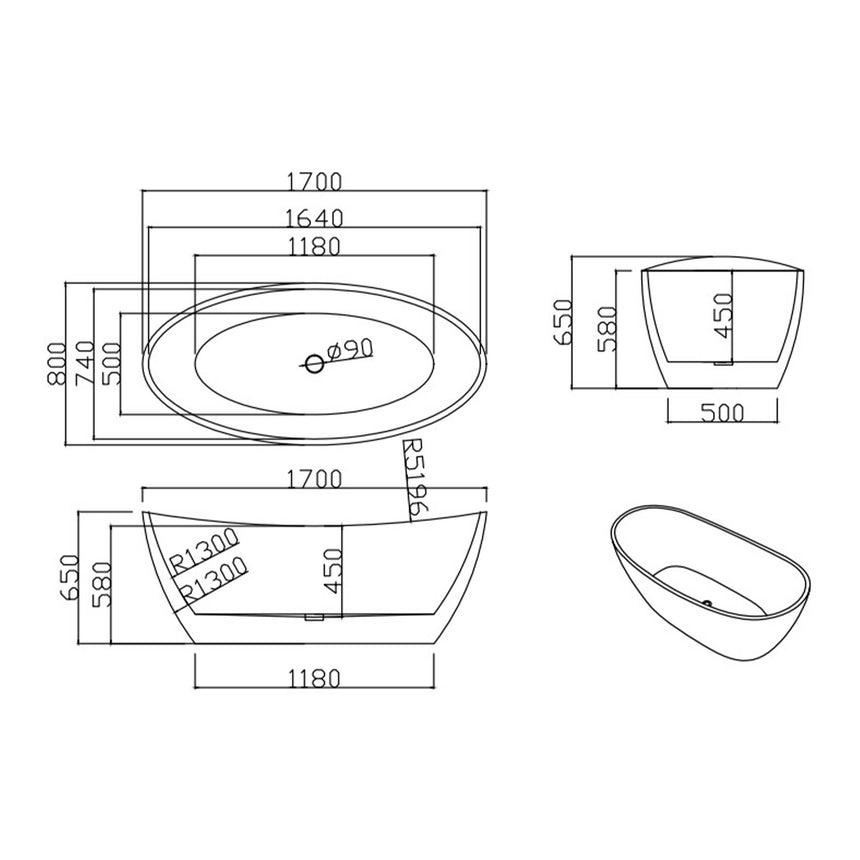 Lukka Freestanding bath technical dimensions diagram for Valla 1700mm freestanding bathtub by Tilemall