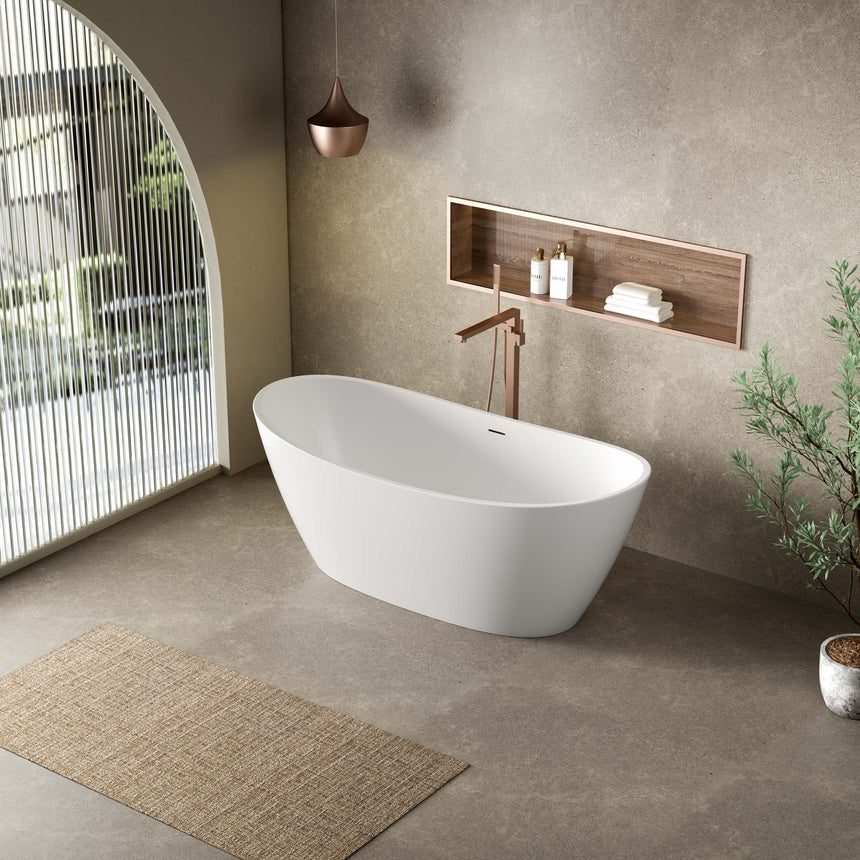 Valla 1500x750mm freestanding acrylic bathtub by Tilemall installed in modern bathroom interior with matte white finish and overflow