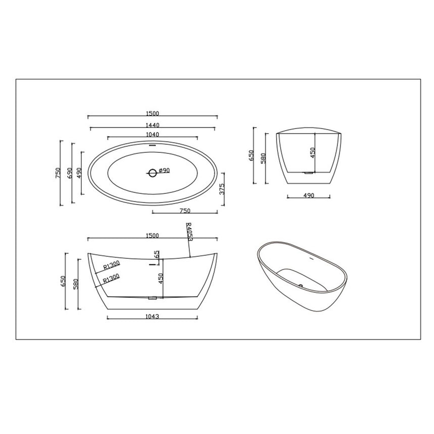 Technical dimensions diagram for Valla 1500mm freestanding acrylic bathtub showing oval shape and specifications by Tilemall