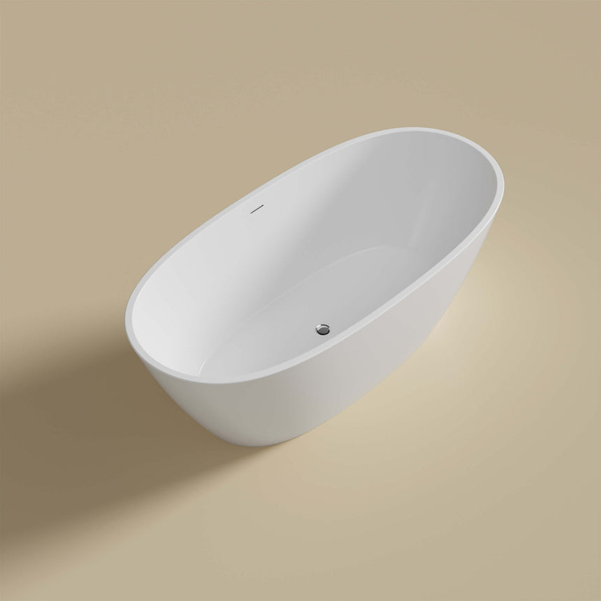 Valla 1700mm freestanding acrylic bathtub by Tilemall, matte white, overhead view showing overflow detail