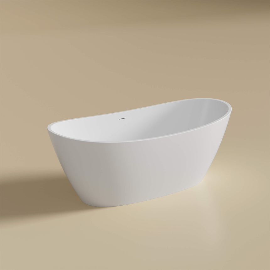Lukka Freestanding bath valla freestanding acrylic bathtub by Tilemall in matte white, side profile view, 1700mm length
