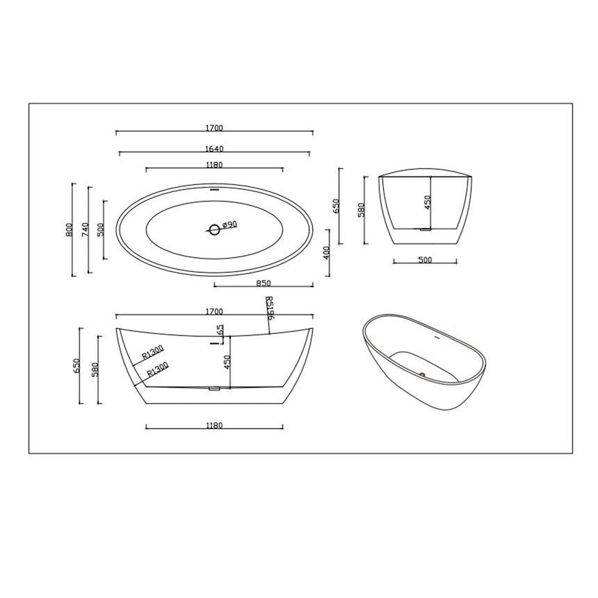 Lukka Freestanding bath technical dimensions diagram for Valla 1700mm freestanding acrylic bathtub by Tilemall