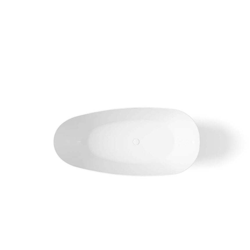 Top-down 1690x865mm view of Nova Slim freestanding bathtub showing oval shape and centre overflow in gloss white by Tilemall