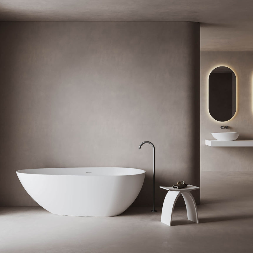 Nova Slim freestanding acrylic bathtub by Tilemall in matte white, 1690mm, installed in bathroom interior