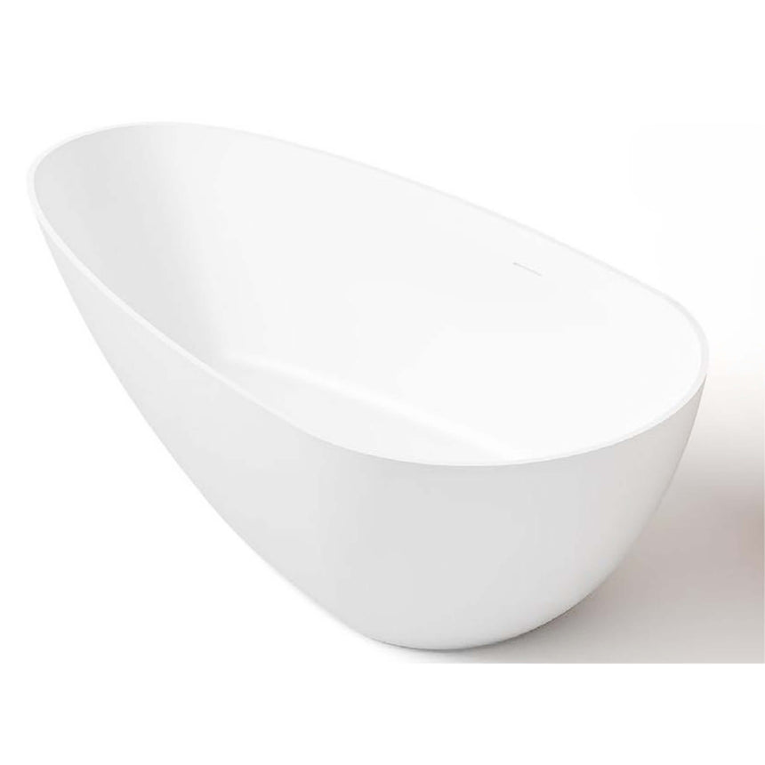 1690x865mm Nova Slim oval acrylic freestanding bathtub by Tilemall, matte white finish, angled side view