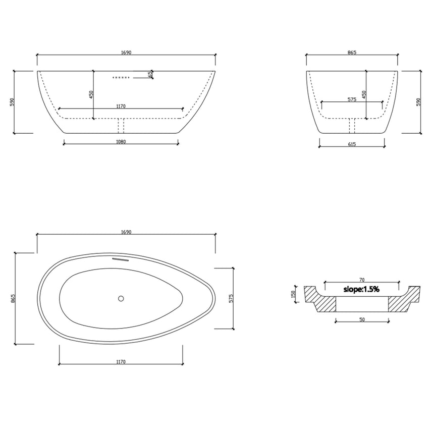 Lukka Freestanding bath technical dimensions diagram for Nova Slim 1690mm freestanding bathtub with overflow specifications by Tilemall