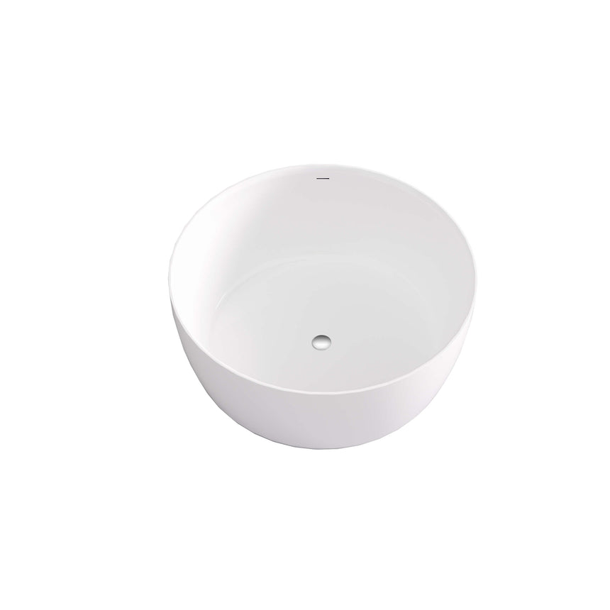 Olley round gloss white acrylic Lukka freestanding bath by Tilemall, 1350mm, interior and overflow detail