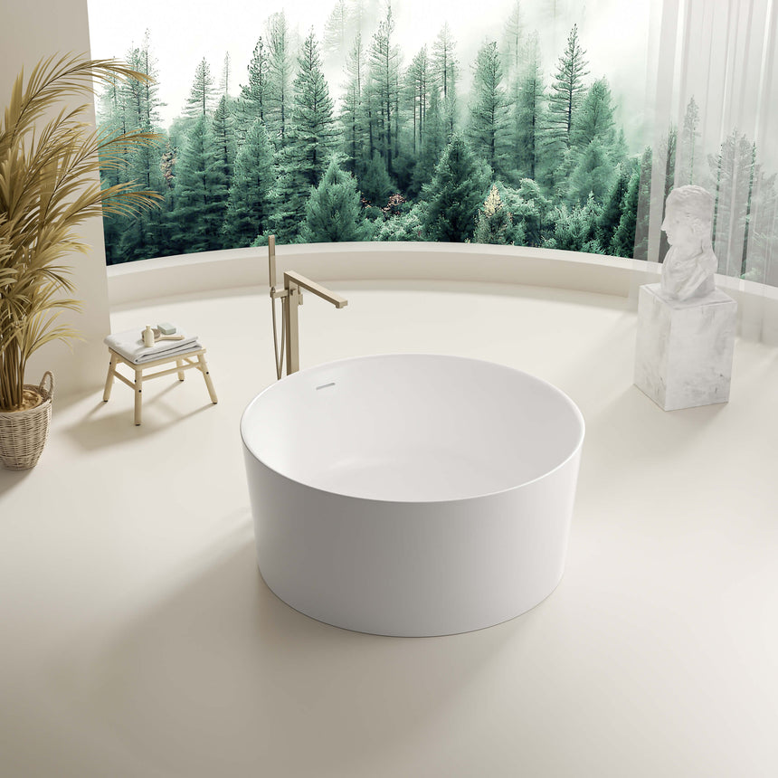 Olley round freestanding acrylic bathtub by Tilemall, matte white, 1350mm, viewed from above in spacious bathroom