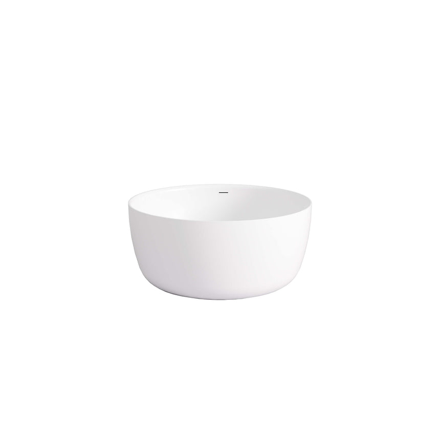 Olley 1350x1350mm round freestanding acrylic bathtub by Tilemall in matte white, side view showing overflow drainage