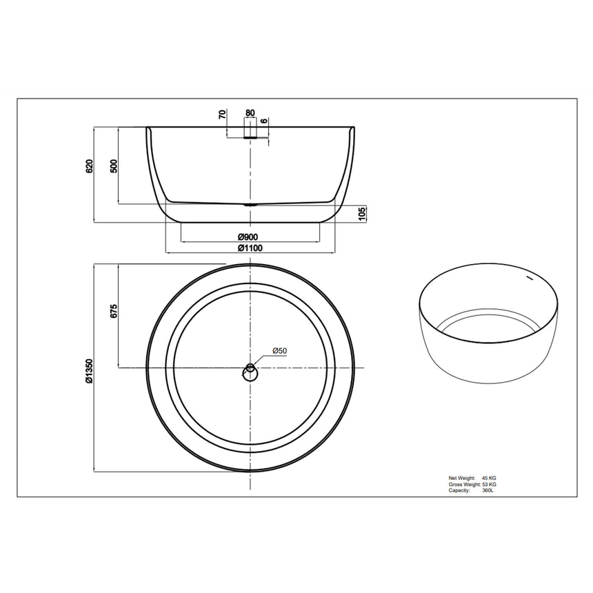 Technical dimensions diagram for Olley round freestanding bathtub, 1350mm diameter with 620mm depth and 360L capacity by Tilemall