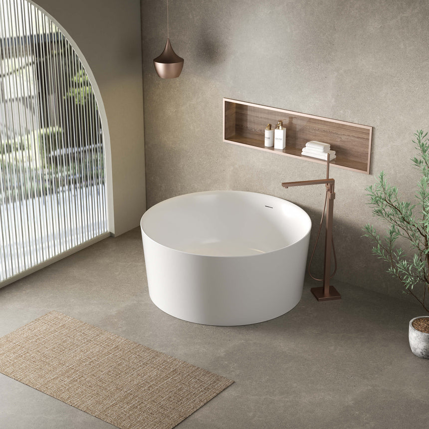 Paradiso gloss white Lukka freestanding bath 1300x1300mm installed in modern bathroom interior with floor-mounted tap by Tilemall