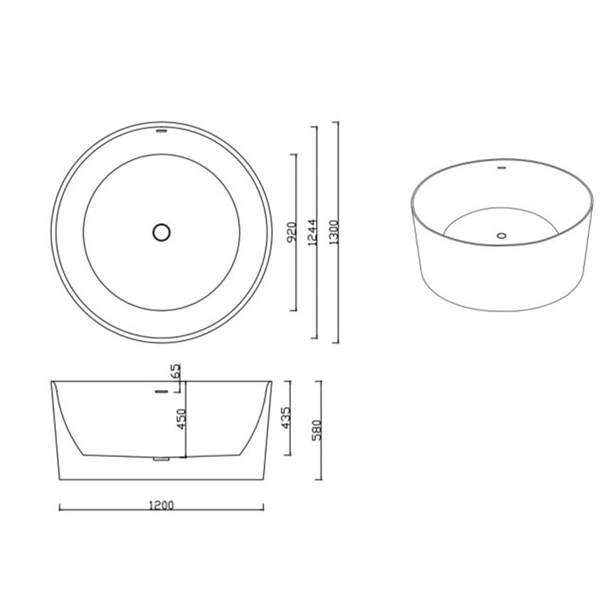 Lukka Freestanding bath technical dimensions diagram for Paradiso 1300mm freestanding bathtub with side profile and top view by Tilemall