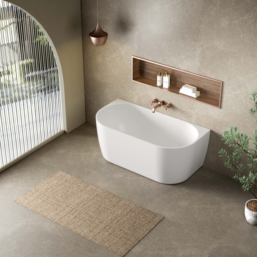 Ellips back-to-wall freestanding bathtub by Tilemall, gloss white acrylic, 1500mm, bathroom interior setting