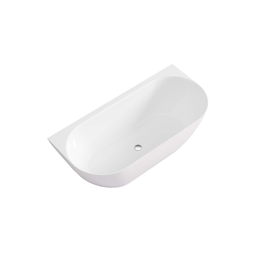 Lukka Back to Wall Bath ellips 1500mm back-to-wall acrylic bathtub by Tilemall in gloss white, three-quarter product view
