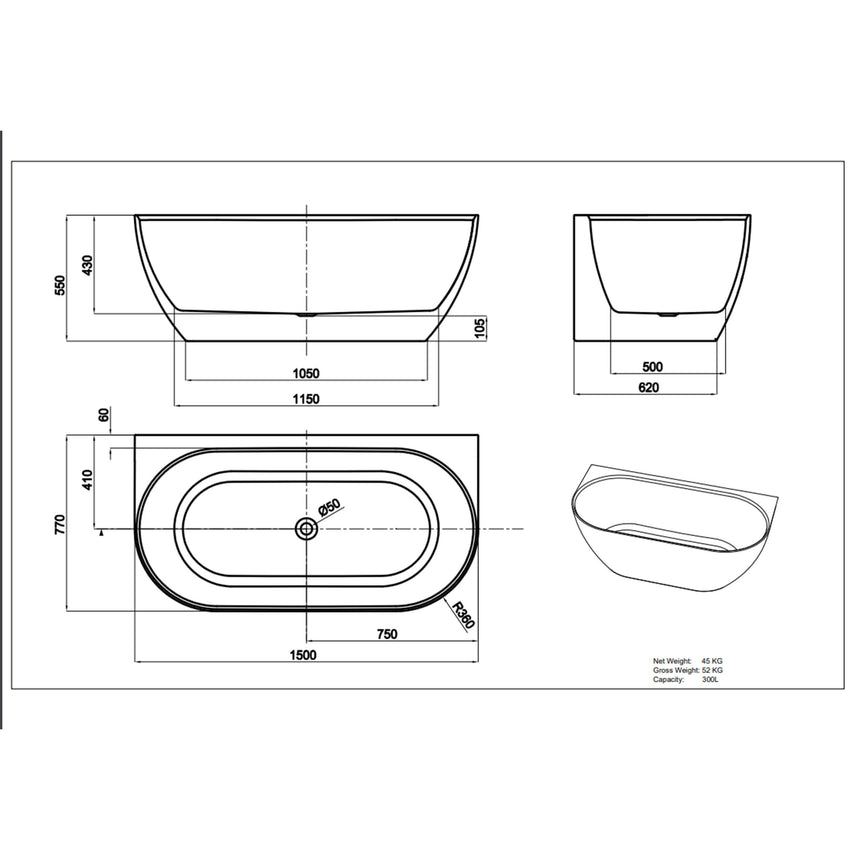 Lukka Back to Wall Bath technical dimensions diagram for Ellips 1500mm back-to-wall acrylic bathtub by Tilemall