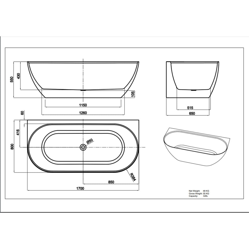 Lukka Back to Wall Bath technical dimensions diagram for Ellips 1700mm freestanding acrylic bathtub with specifications by Tilemall
