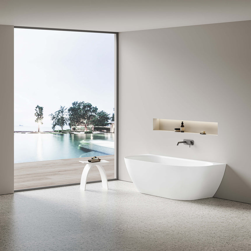 Ellips 1500x770mm matte white acrylic bathtub by Tilemall positioned in minimalist ensuite with wall-mounted tap