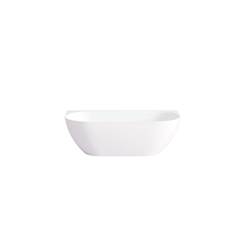 Side 1500x770mm profile of Ellips matte white freestanding acrylic bathtub by Tilemall showing curved rim and depth