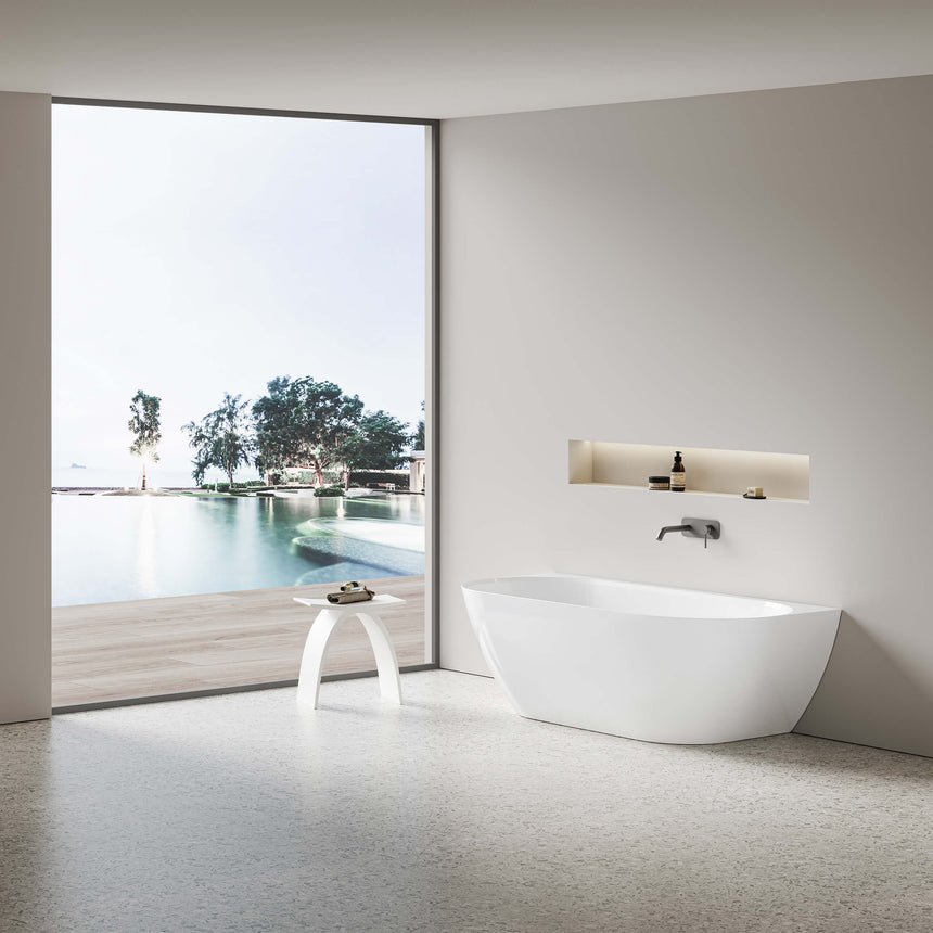 Ellips freestanding oval acrylic bathtub by Tilemall in matte white, 1700mm, positioned in modern ensuite