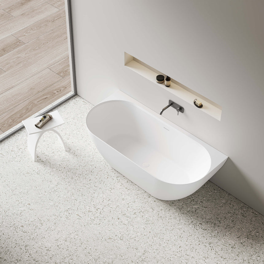 Ellips 1500x770mm gloss white acrylic bath by Tilemall, top-down view showing oval shape and overflow hole
