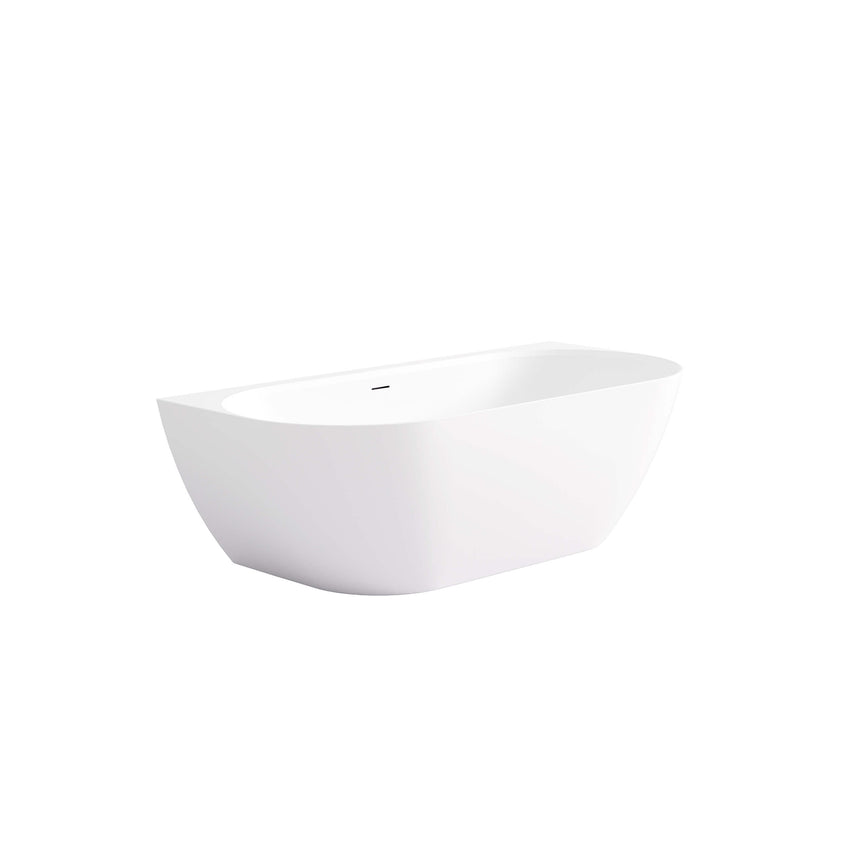 Lukka Back to Wall Bath ellips 1500mm freestanding acrylic bath by Tilemall, gloss white finish, angled product view
