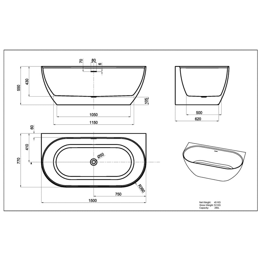 Lukka technical dimensions diagram for Ellips 1500mm back-to-wall bath, capacity 260L, 1500x770mm by Tilemall